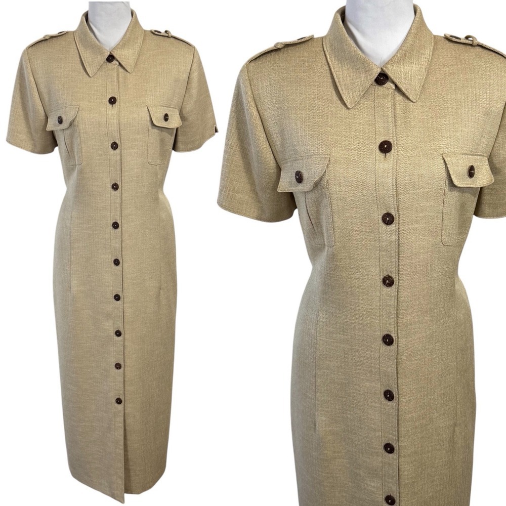 Vintage Maxi‎ Jacket Shirt Dress Size 14 P Herringbone Belted Safari Western 90s - Picture 4 of 16